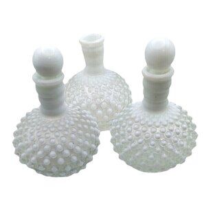 Vintage MCM Fenton Glass White Opalescent Hobnail Perfume Bottle Vanity Set of 3